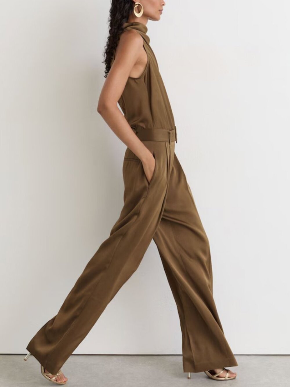 REISS Erica Satin Jumpsuit Khaki Green Cowl-Neck Wide-Leg Quiet Lux Classic